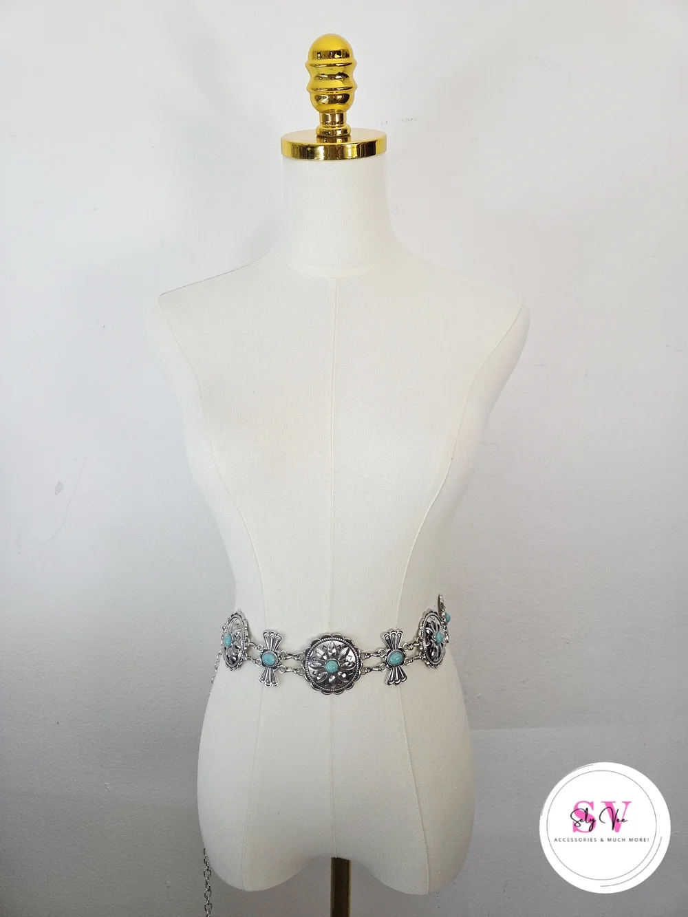 Silver Chain Belt With Turquoise Decor